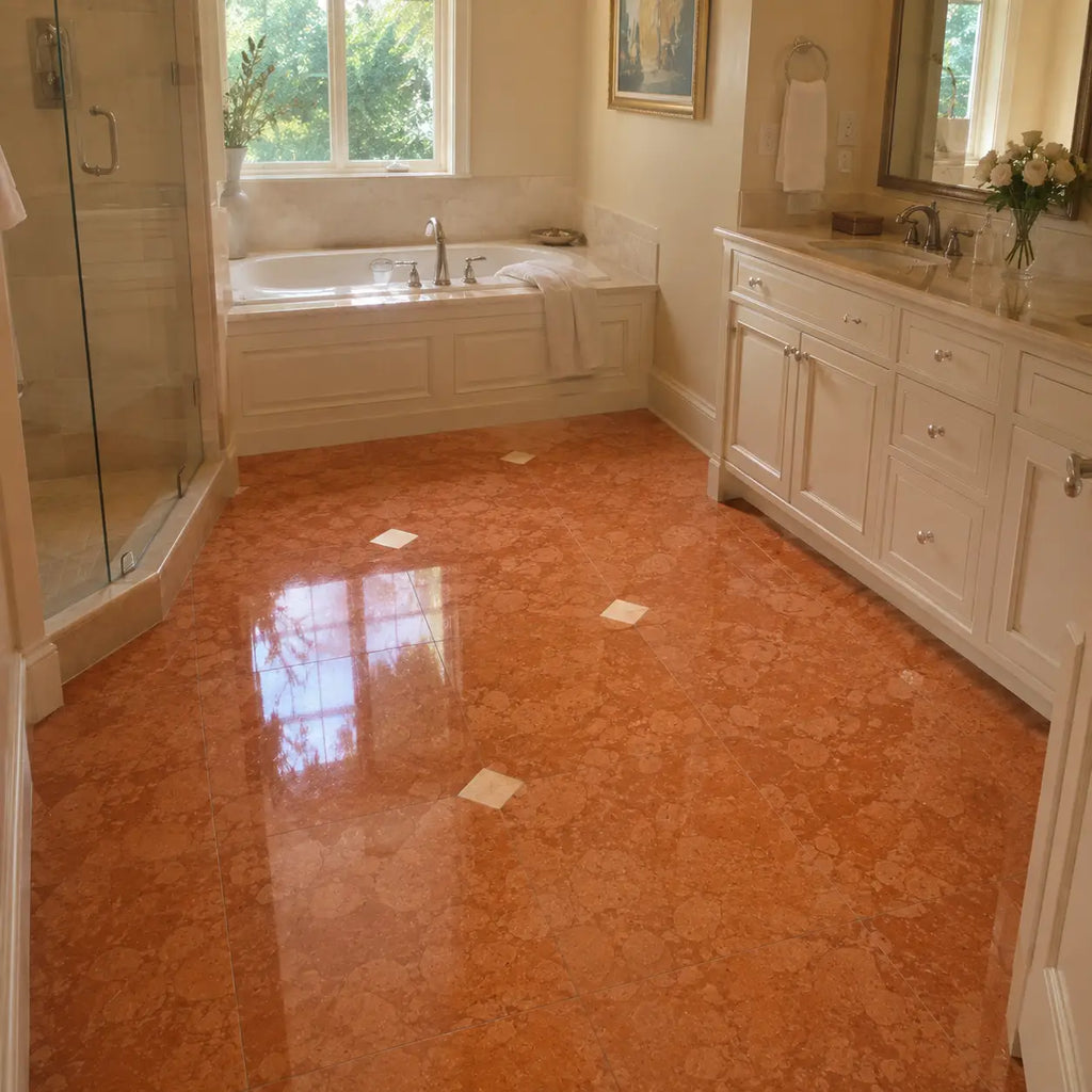 Rosso verona marble 12x12 tumbled shiny orange floor tiles with subtle white veining and small square inlays