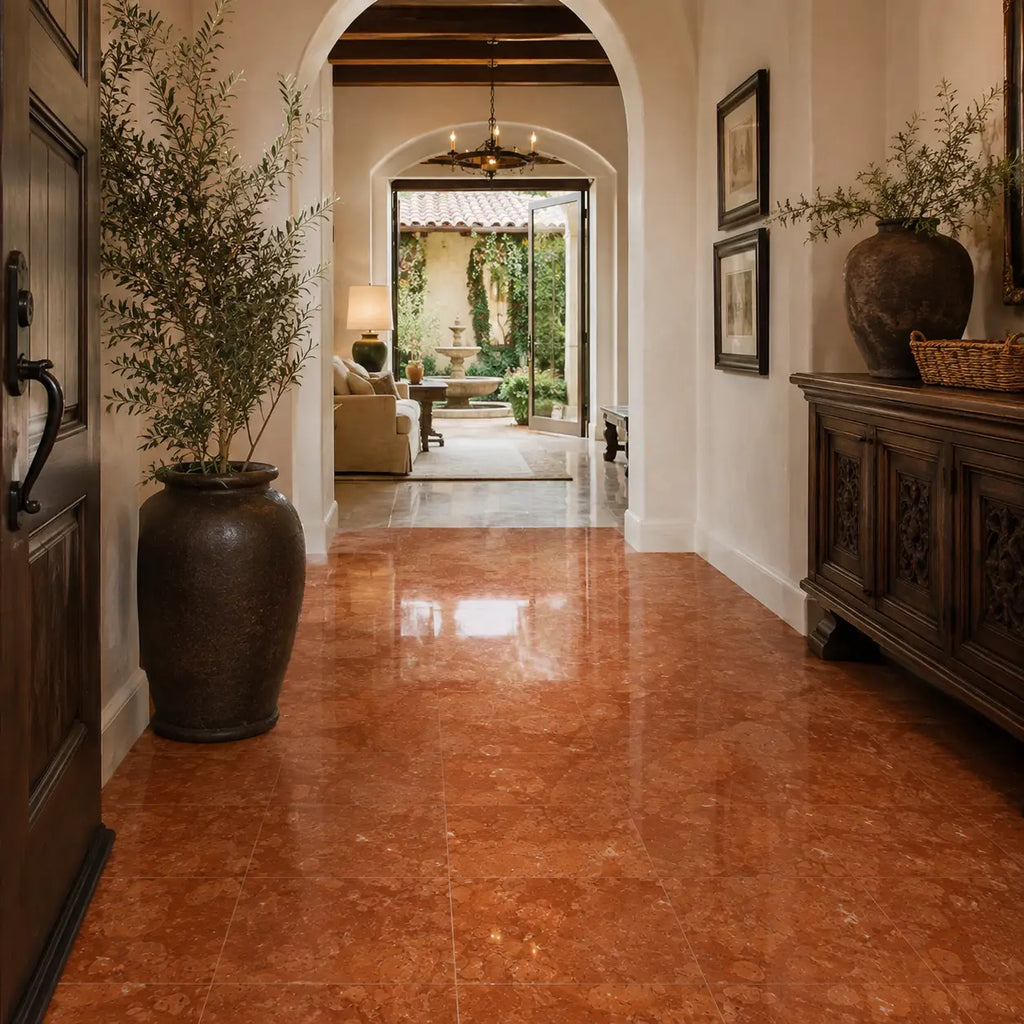 Rosso Verona marble 12x12 tumbled floor tiles in terracotta color with a polished reflective surface