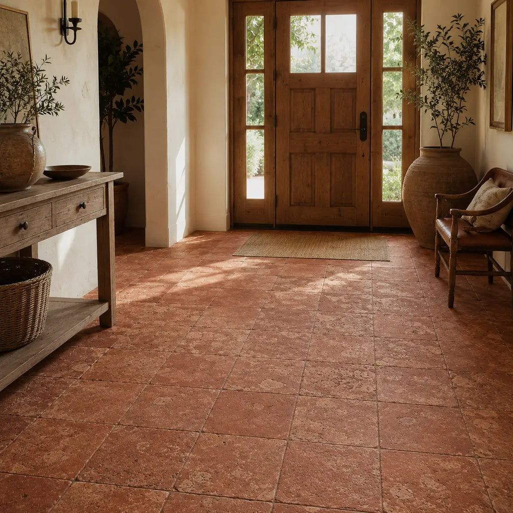 Rosso Verona marble 12x12 tumbled terracotta textured square floor tiles with a rustic earthy finish