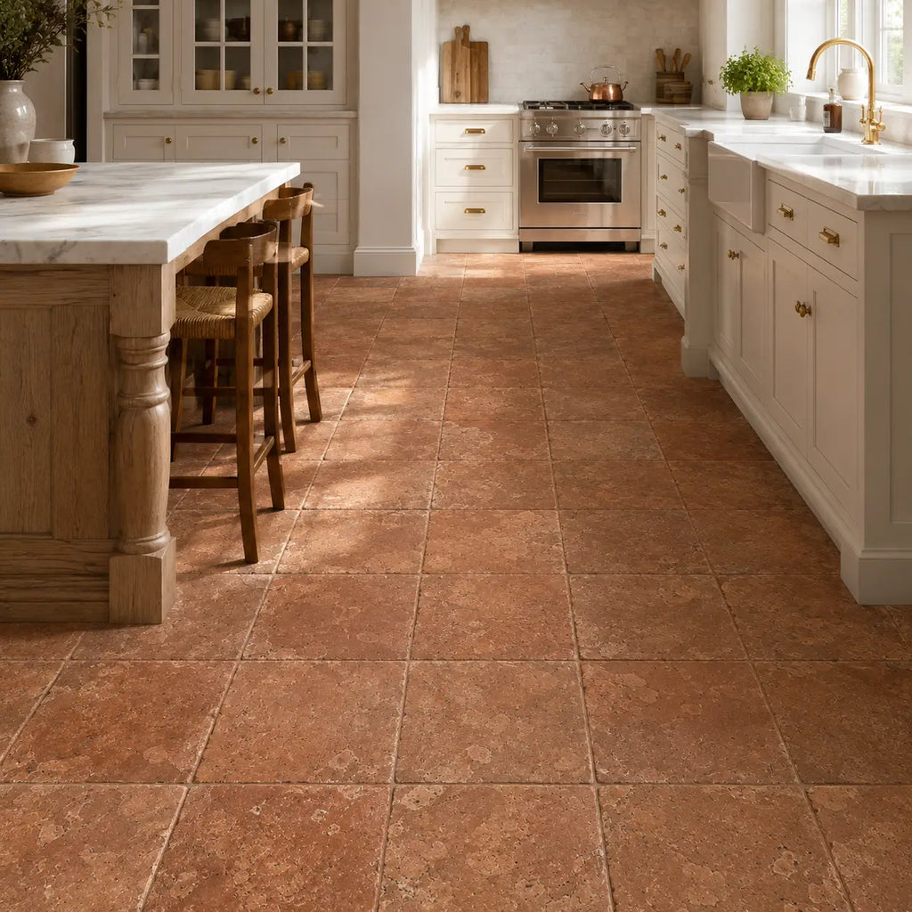 Warm terracotta colored rosso verona marble 12x12 tumbled ceramic floor tiles with rustic textured finish