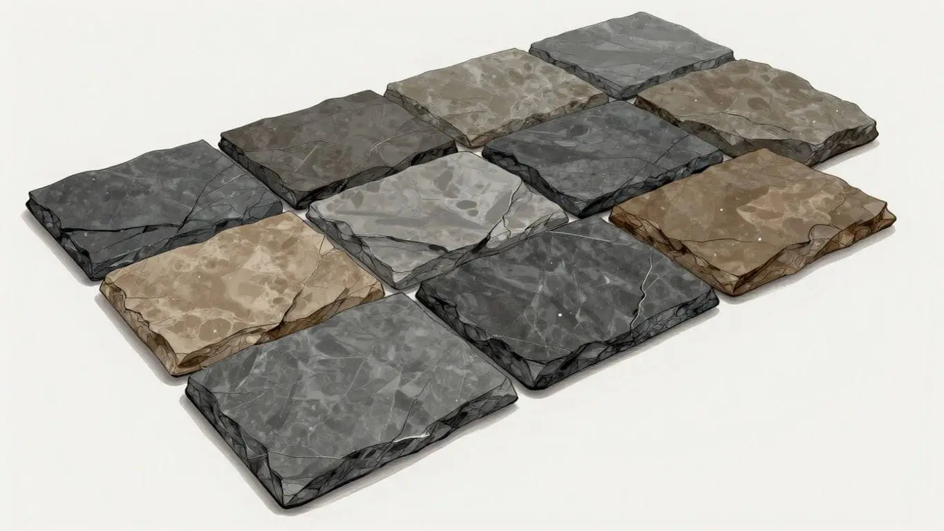 Sketch of natural slate tiles with varied textures and earthy tones.