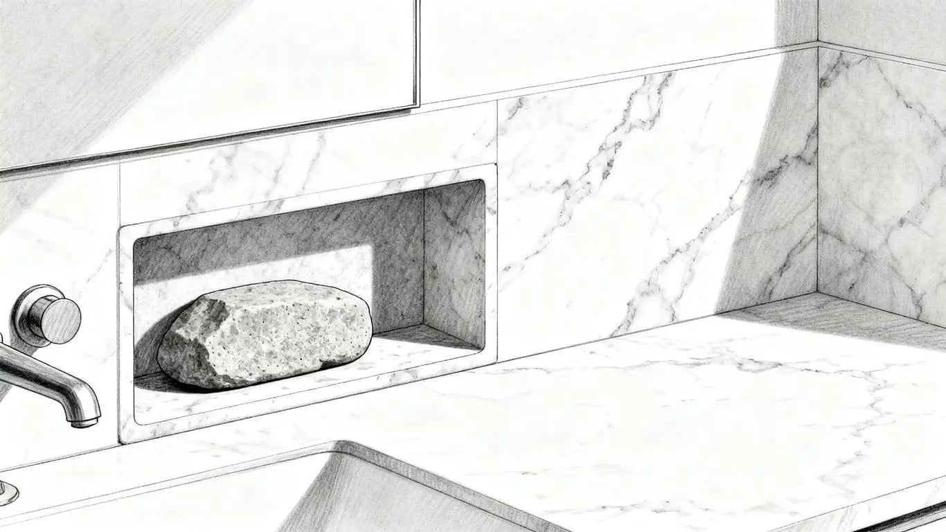 Stone bathroom storage and vanity details
