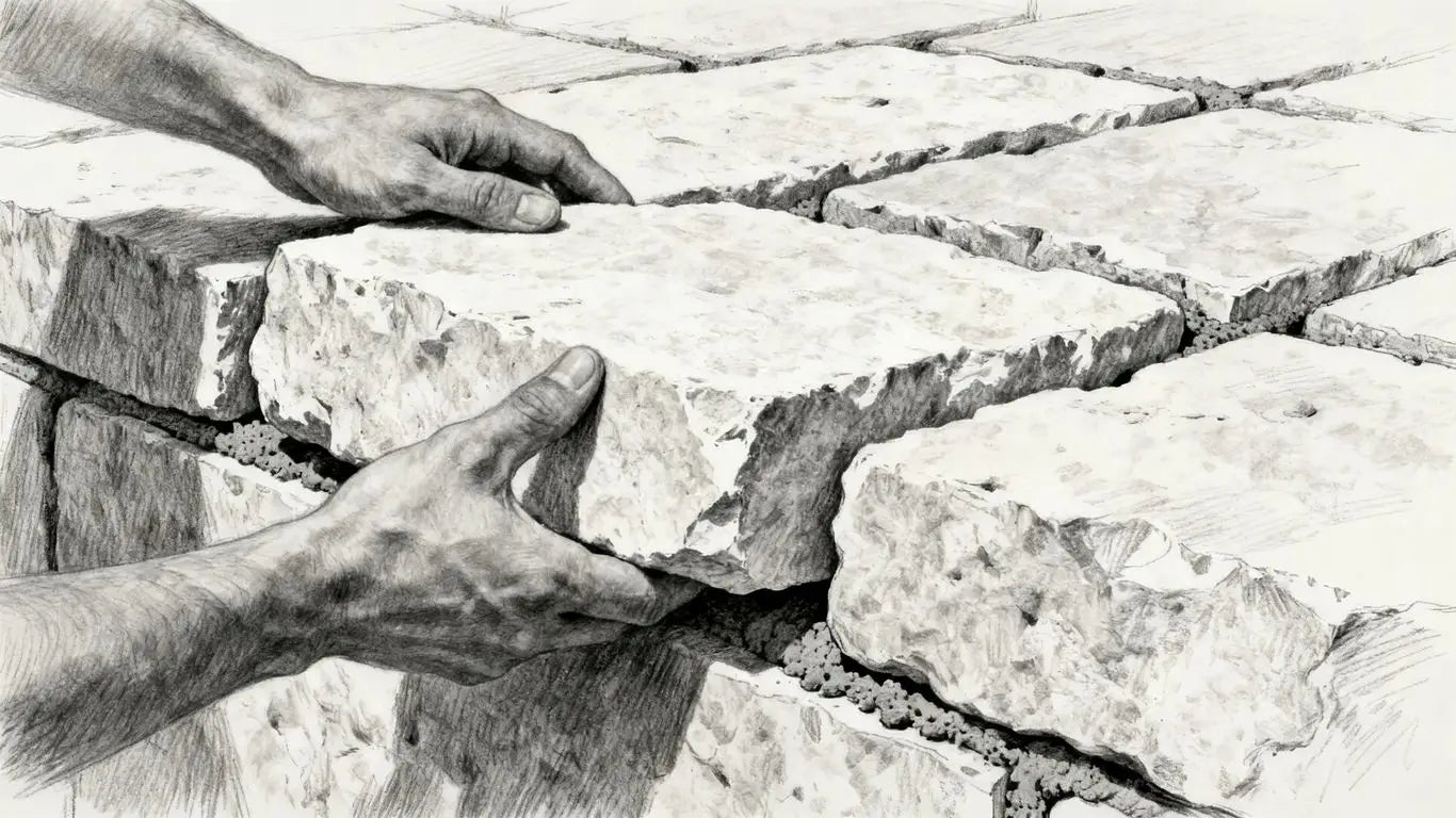 Colocación manual cuidadosa de piedra pesada