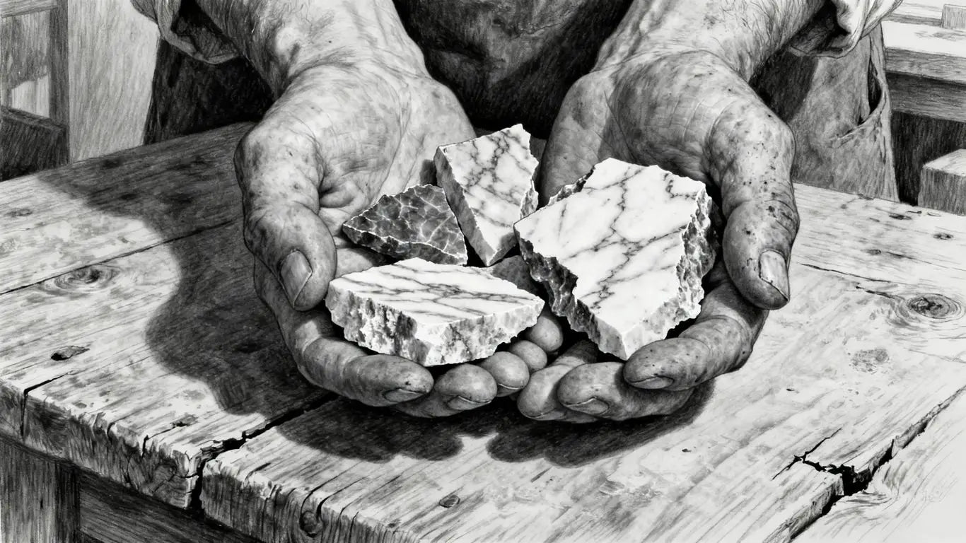 Artisans examining raw stone fragments