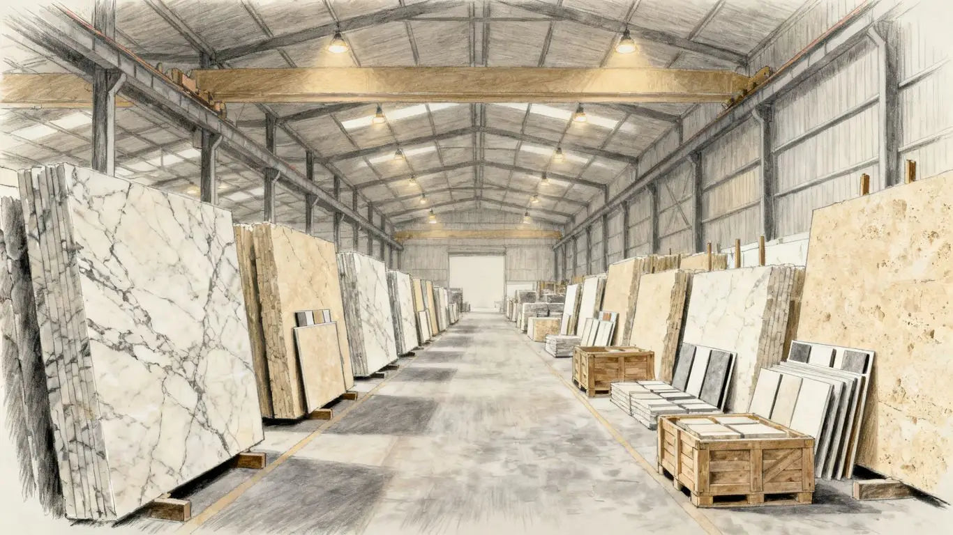 Stacks of natural stone tile in warehouse