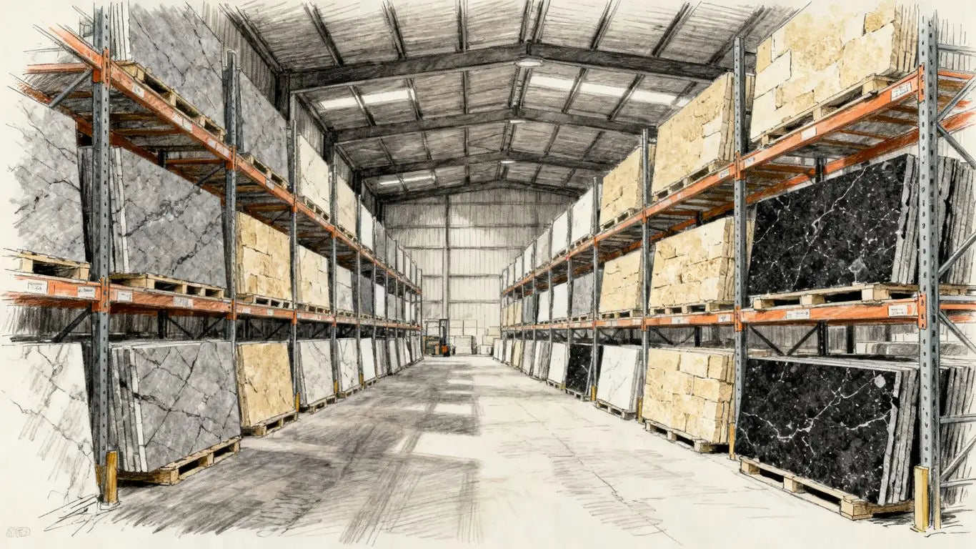 A warehouse filled with large stone pallets