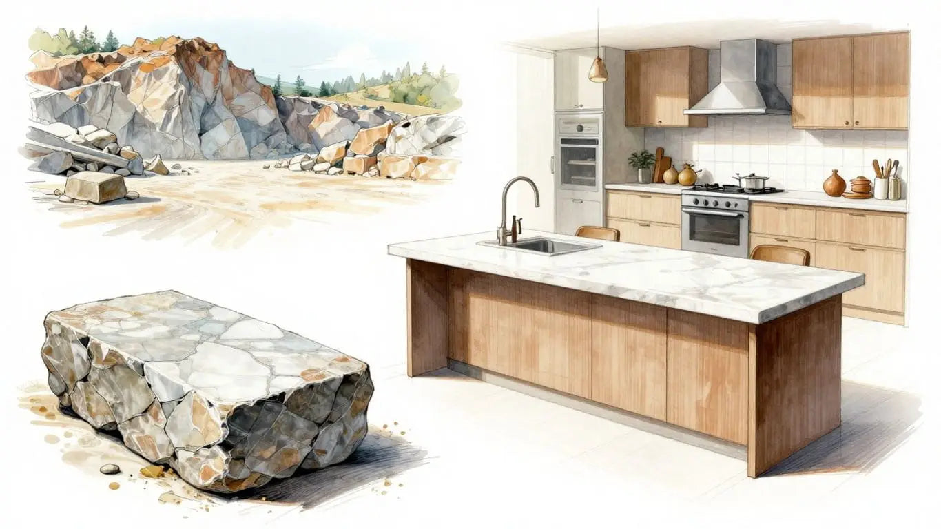Stone transformation from quarry to home interior.