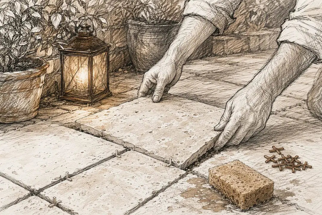Hands installing filled travertine floor tiles