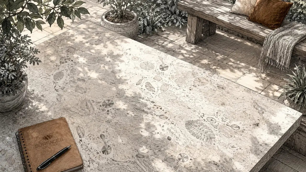 Close-up marble slab showing fleuri cut pattern