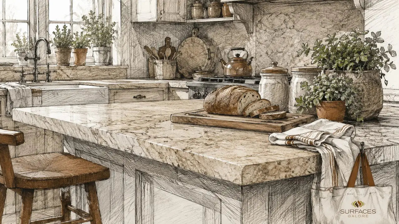 Modern kitchen with travertine stone countertop