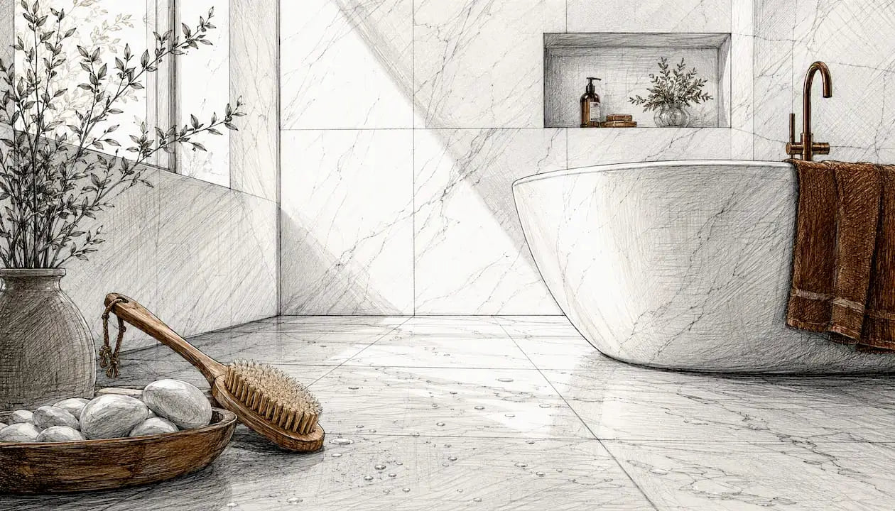 Bathroom wall with honed Thassos white marble tiles