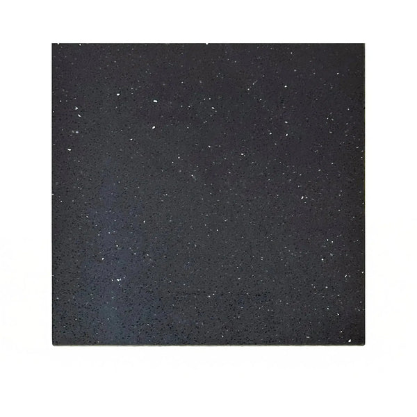 Square black countertop sample with white flecks, Savana Quartz engineered stone tile