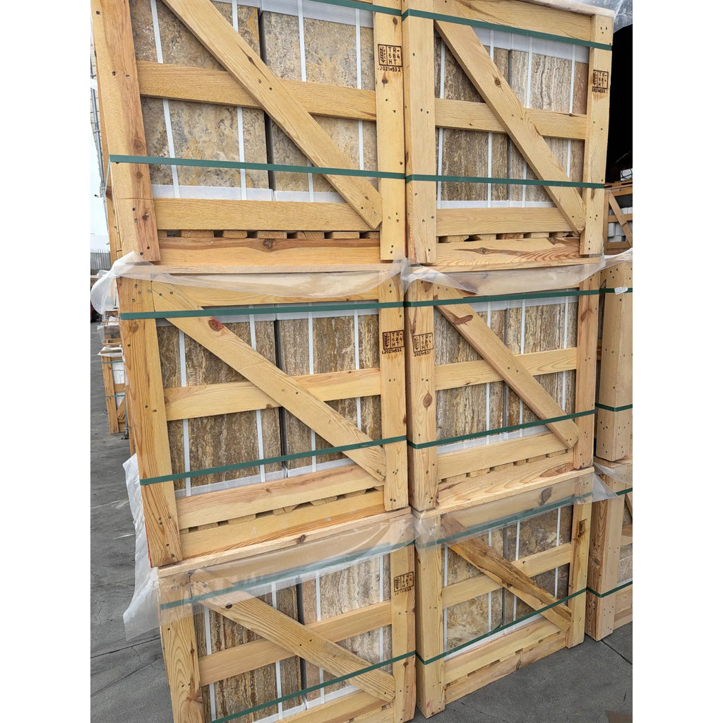 Scabos Autumn Leaves travertine in secured wooden crates