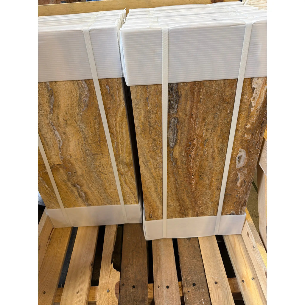 Scabos Autumn Leaves Travertine 12x24 tiles, golden-brown veined, foam-wrapped