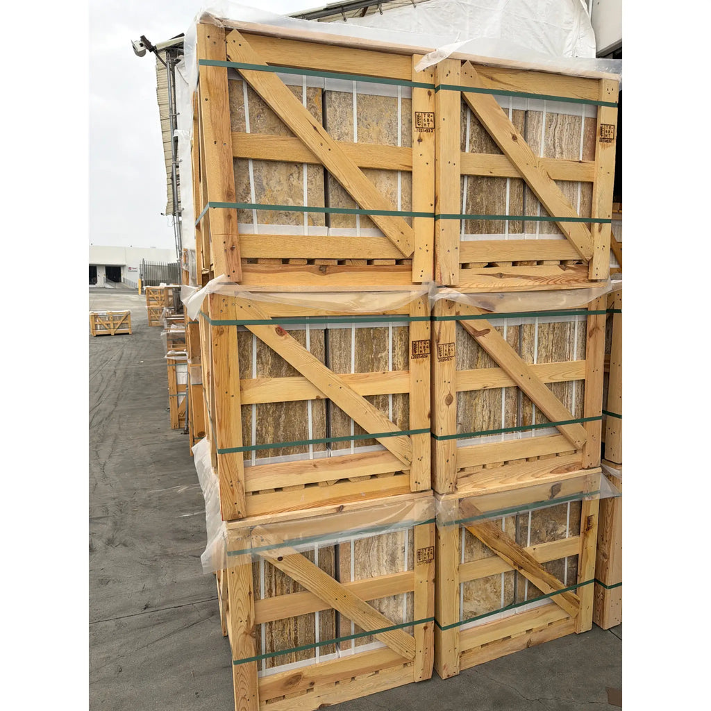 Scabos Autumn Leaves Travertine 12x24 tiles in stacked crates with cross-bracing