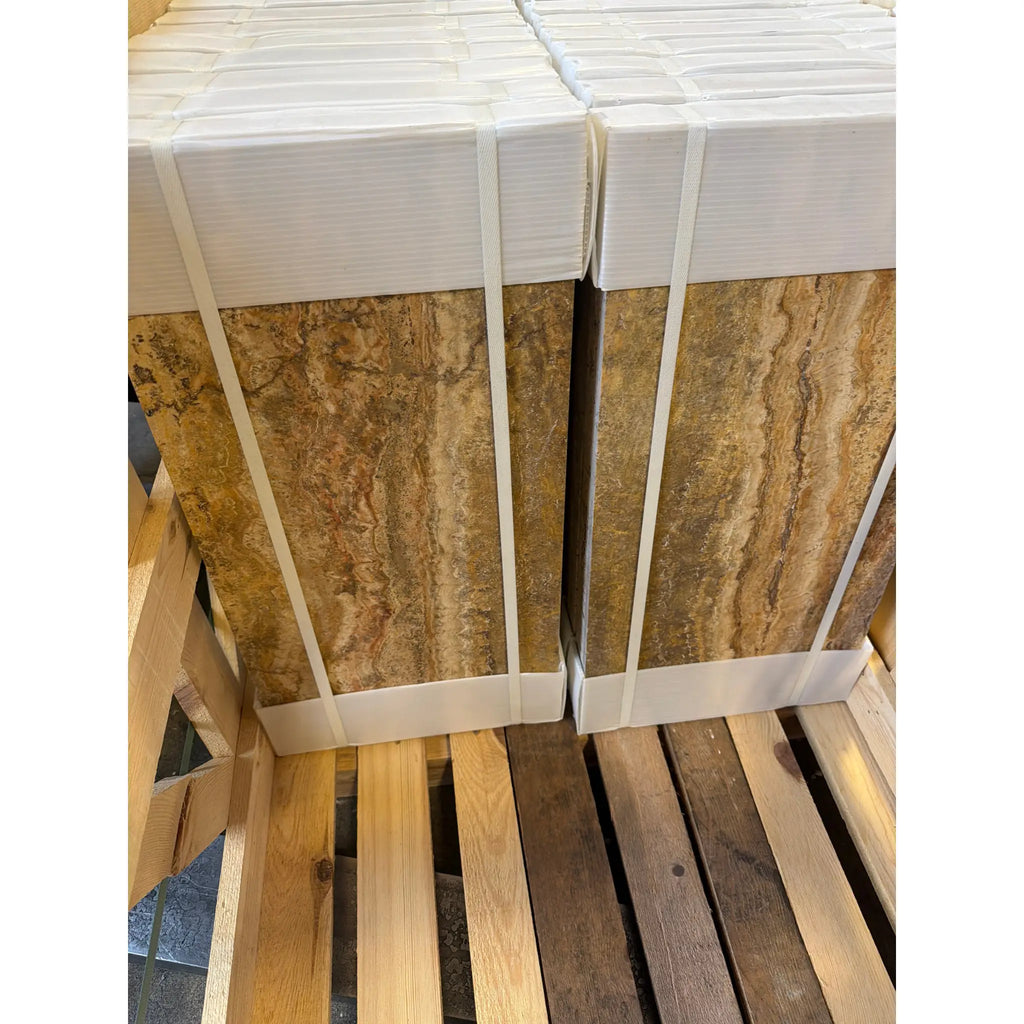 Scabos Autumn Leaves Travertine 12x24 vein-cut filled polished tiles, stacked and wrapped