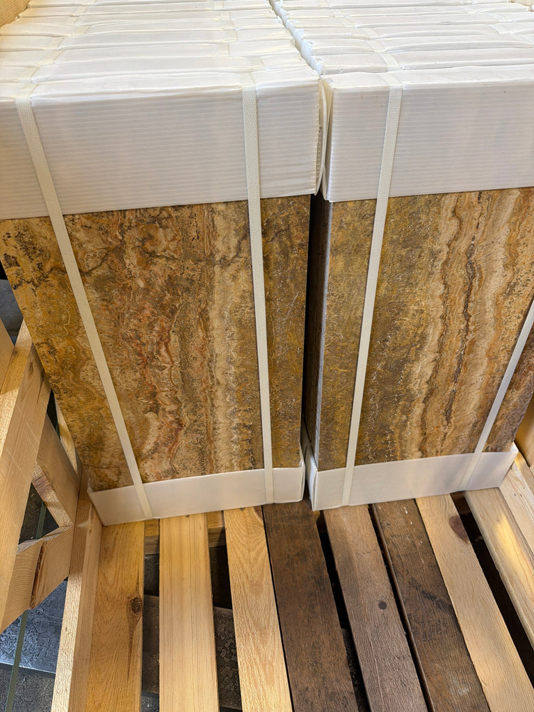 Scabos Autumn Leaves Travertine 12x24 vein-cut filled polished tiles, stacked and wrapped