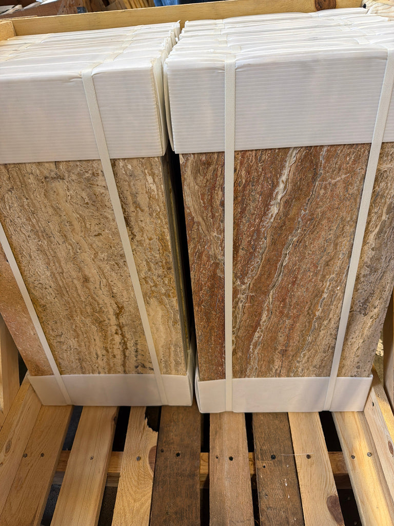 Scabos Autumn Leaves Travertine 12x24 vein-cut filled polished tiles