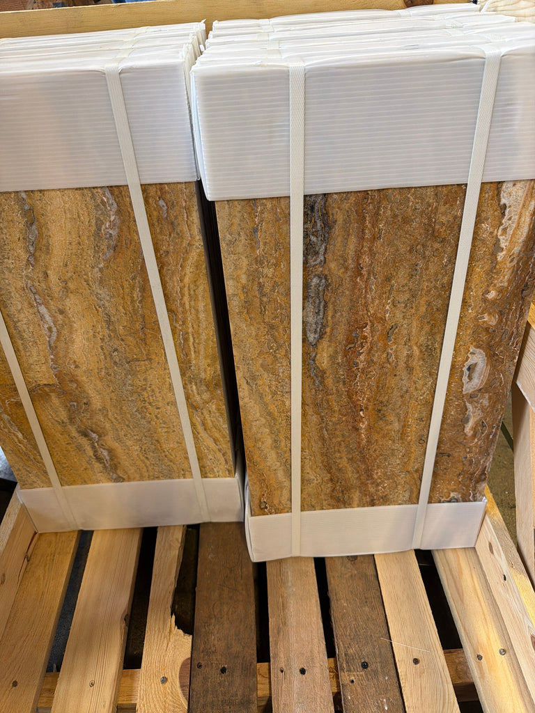 Scabos Autumn Leaves Travertine 12x24 Vein-Cut Polished Tiles in Foam