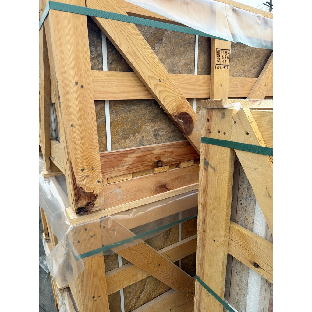 Scabos Autumn Leaves Travertine 18x18 crate with braces and green straps