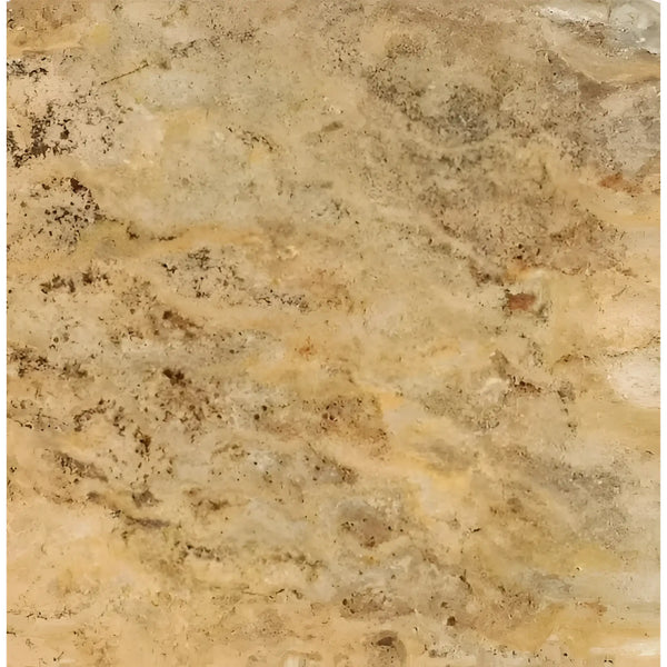Tan and brown patterned stone of Scabos Travertine 18X18 Unfilled Brushed and Chiseled