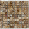 Square travertine mosaic tile sheet from Scabos Autumn Leaves 1X1 Polished collection