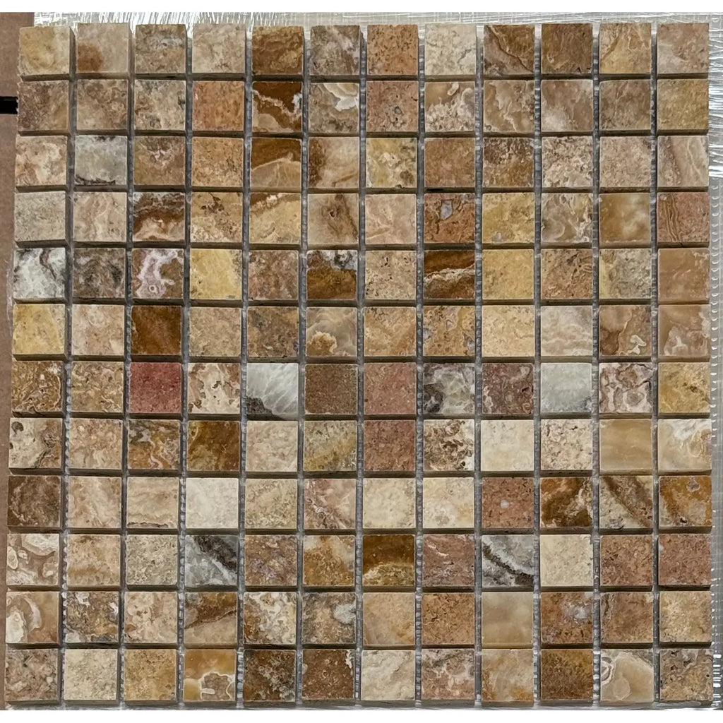 Square travertine mosaic tile sheet from Scabos Autumn Leaves 1X1 Polished collection