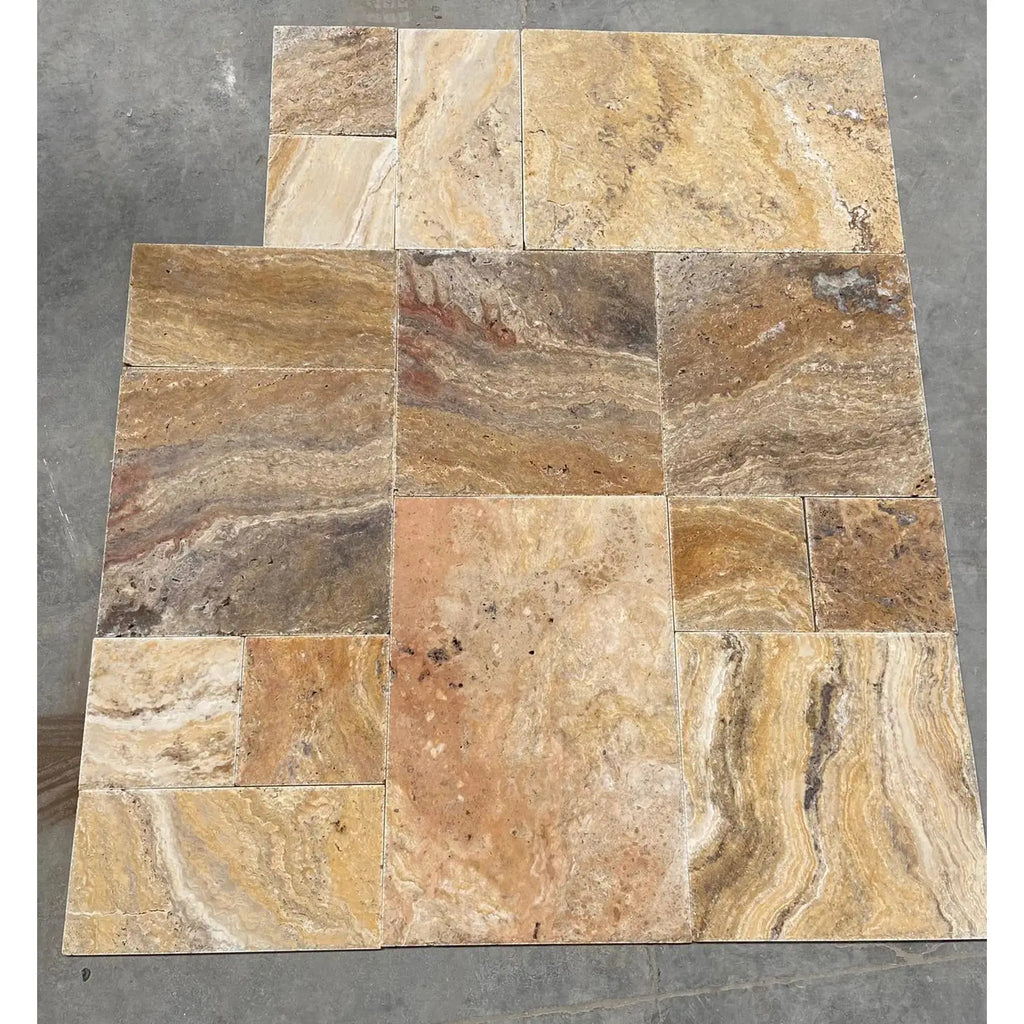 Scabos Autumn Leaves Travertine 1X2 Brick Mosaic Split-Faced tile flooring display