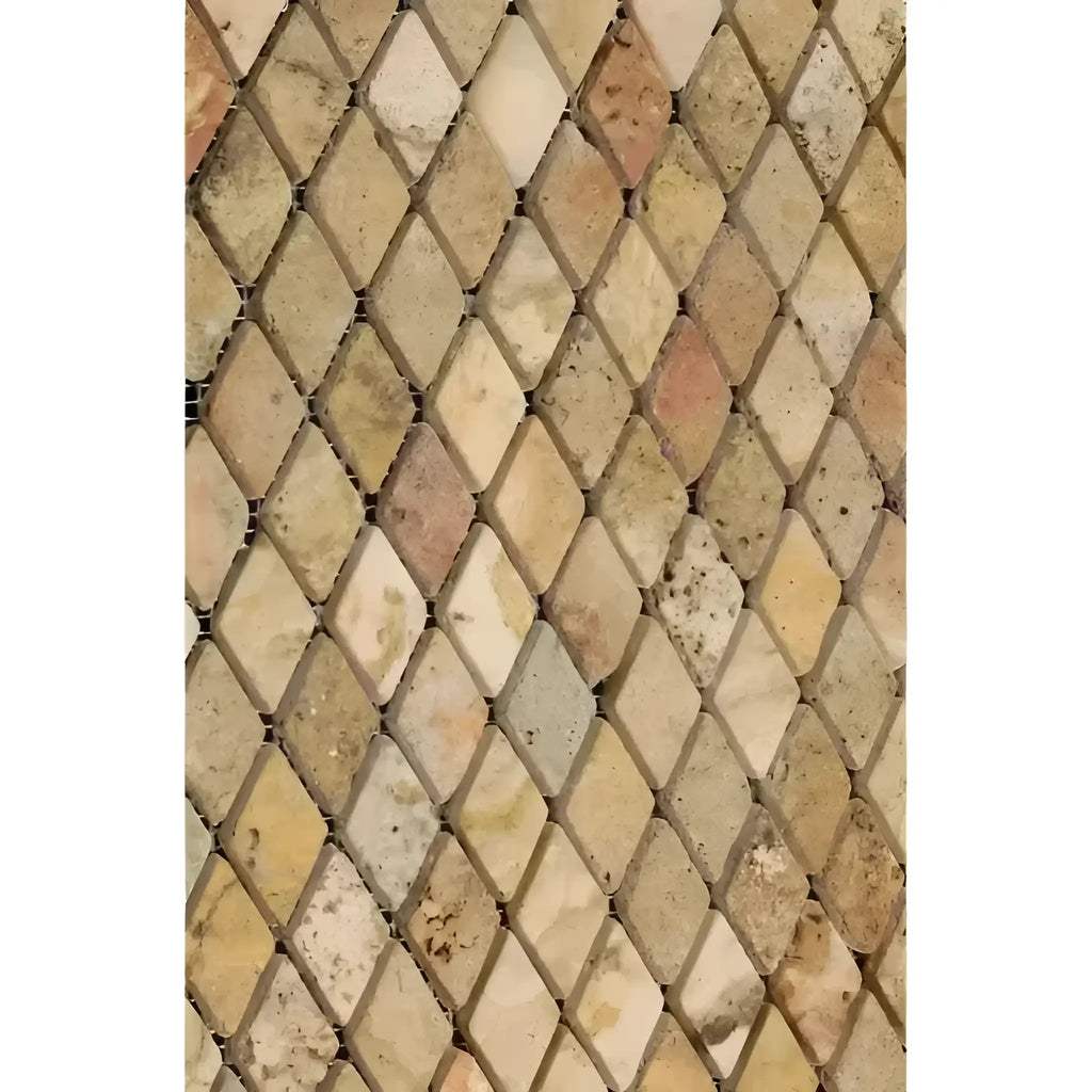Diamond-patterned Scabos Travertine 1X2 mosaic tile in tumbled finish