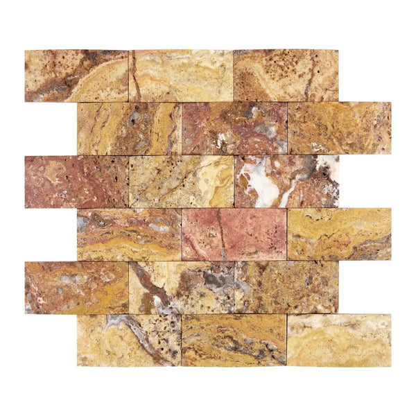 Scabos Travertine 2X4 Brick Mosaic Tile in CNC-Arched and Honed finish