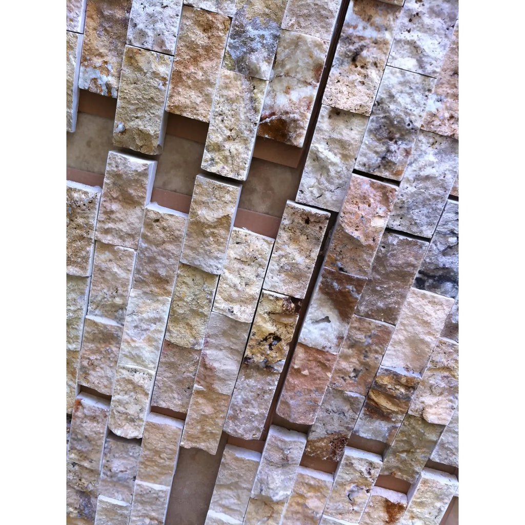 Textured stone wall cladding in natural hues for Scabos Autumn Leaves Travertine Mosaic