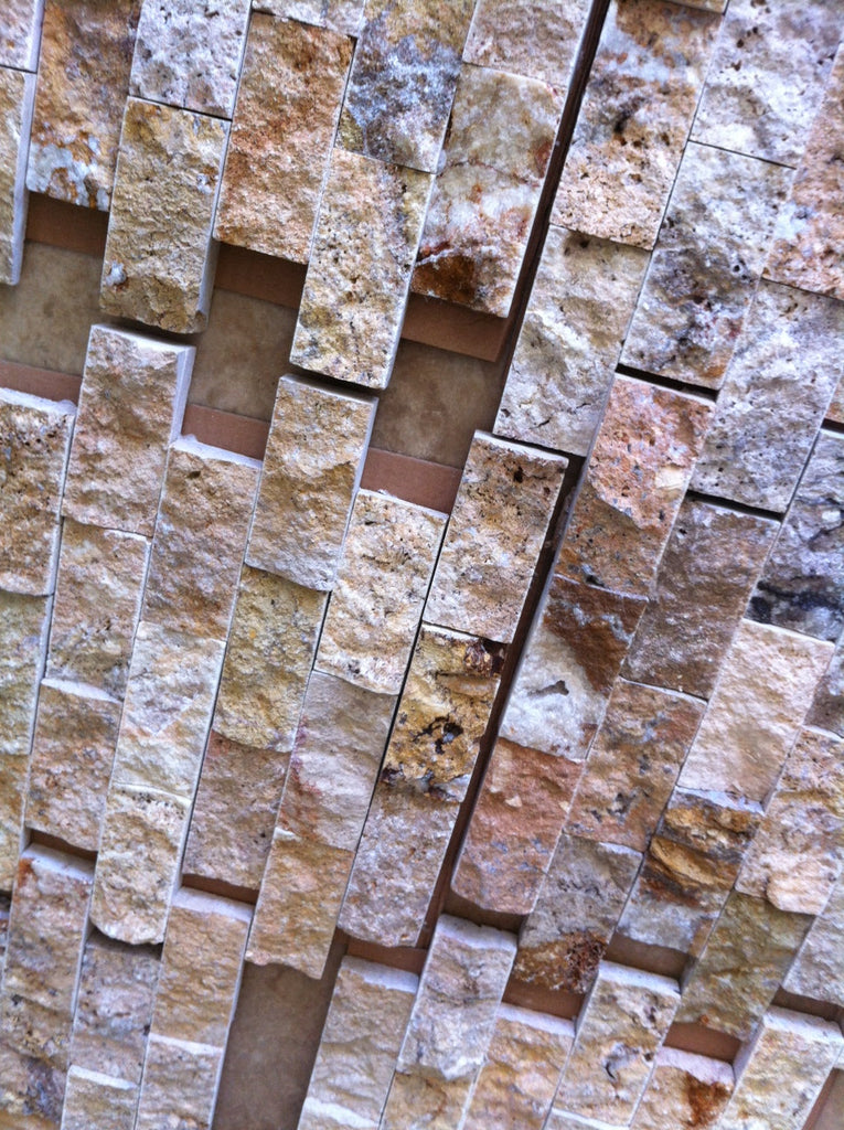 Textured stone wall cladding in natural hues for Scabos Autumn Leaves Travertine Mosaic
