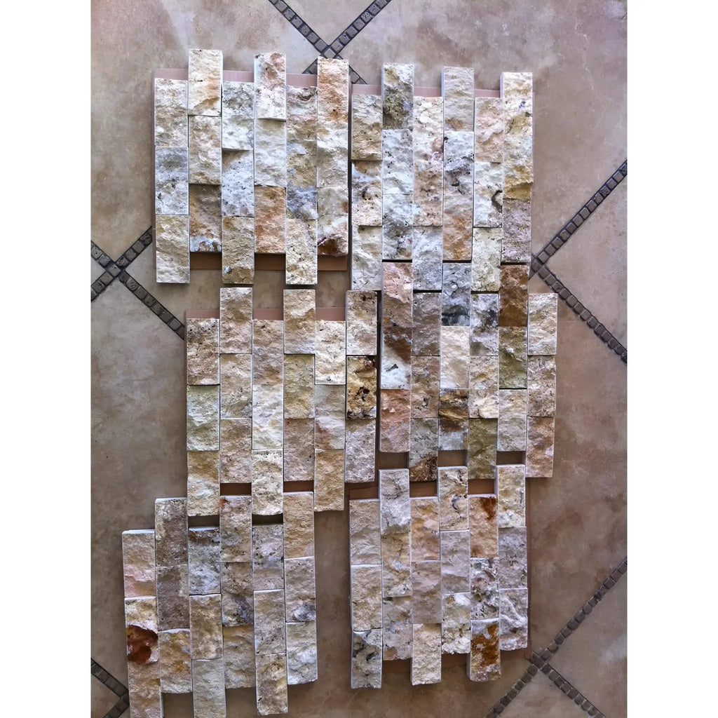Four sheets of earthy-toned natural stone mosaic tiles from Scabos Autumn Leaves Travertine collection