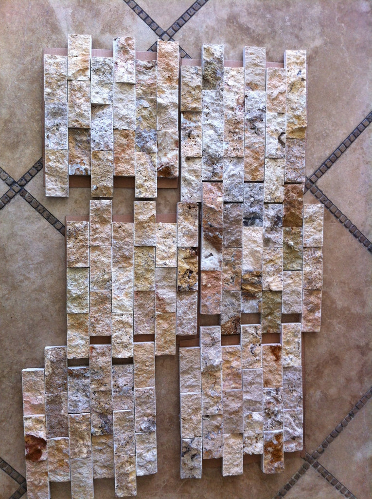 Four sheets of earthy-toned natural stone mosaic tiles from Scabos Autumn Leaves Travertine collection