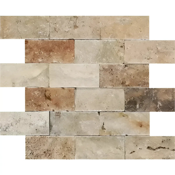 Scabos Travertine 2X4 Brick Mosaic Split-Faced wall tile in natural stone finish
