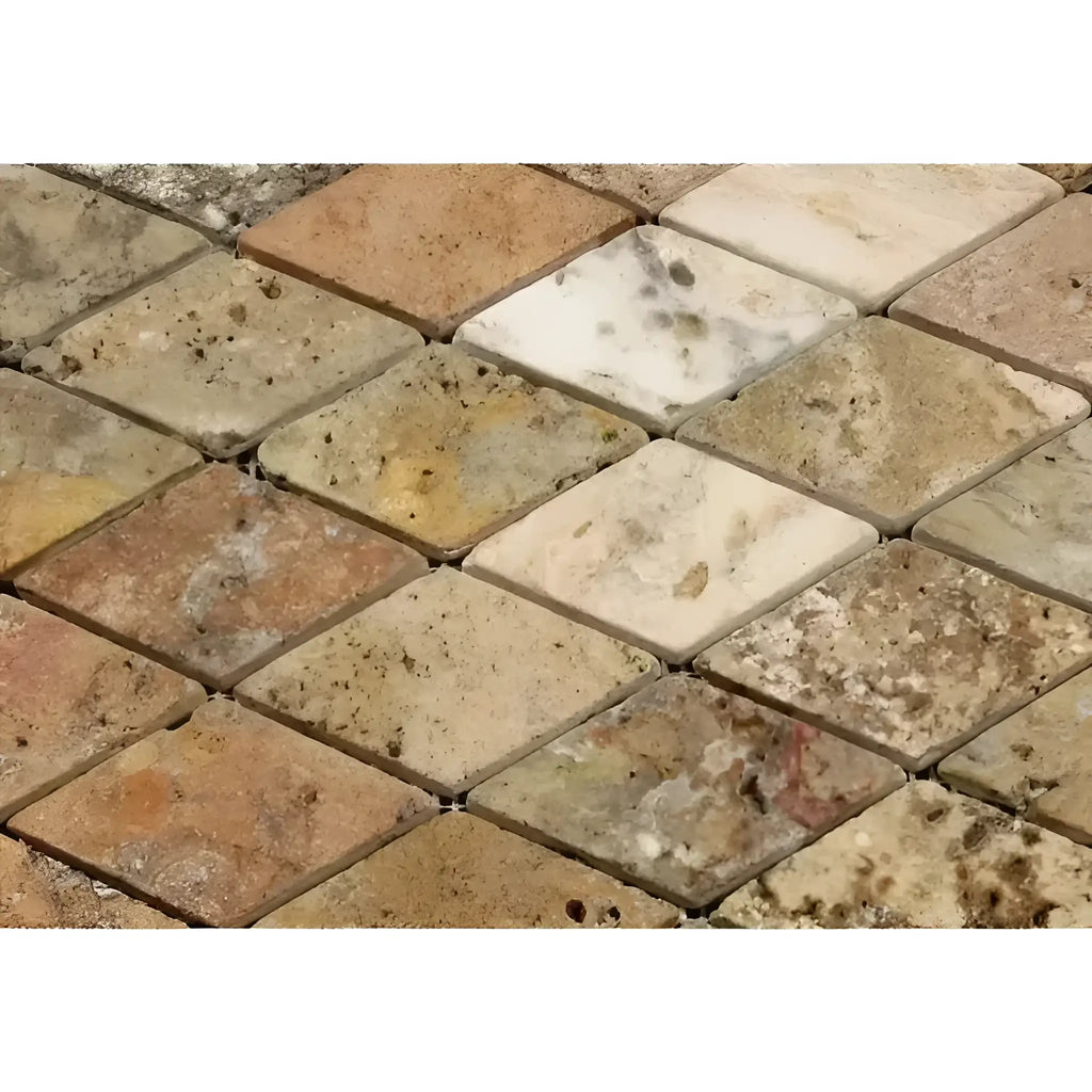 Diamond-patterned stone mosaic featuring Scabos Travertine 2X4 design