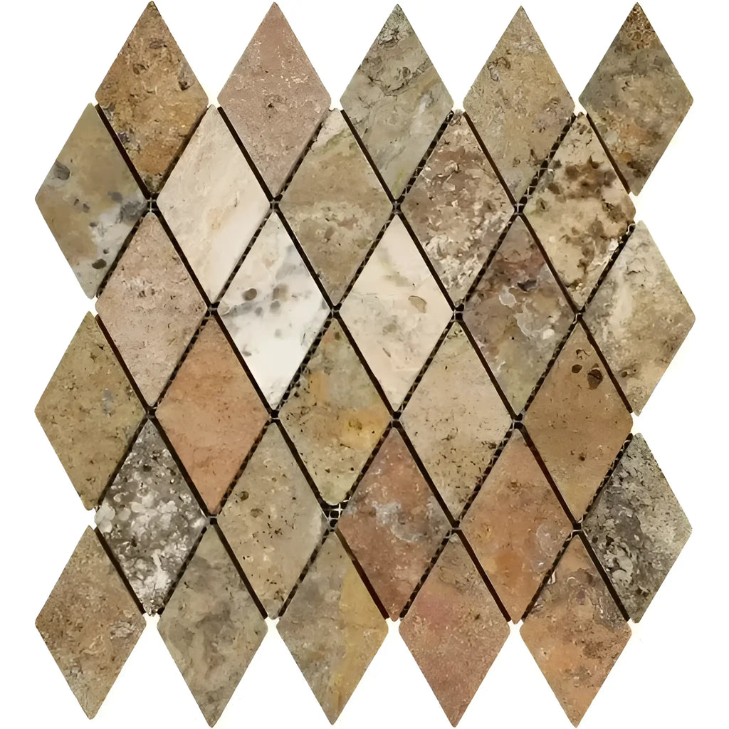 Diamond-shaped stone mosaic tile in Scabos Travertine 2X4 Diamond Rhomboid Mosaic Tumbled