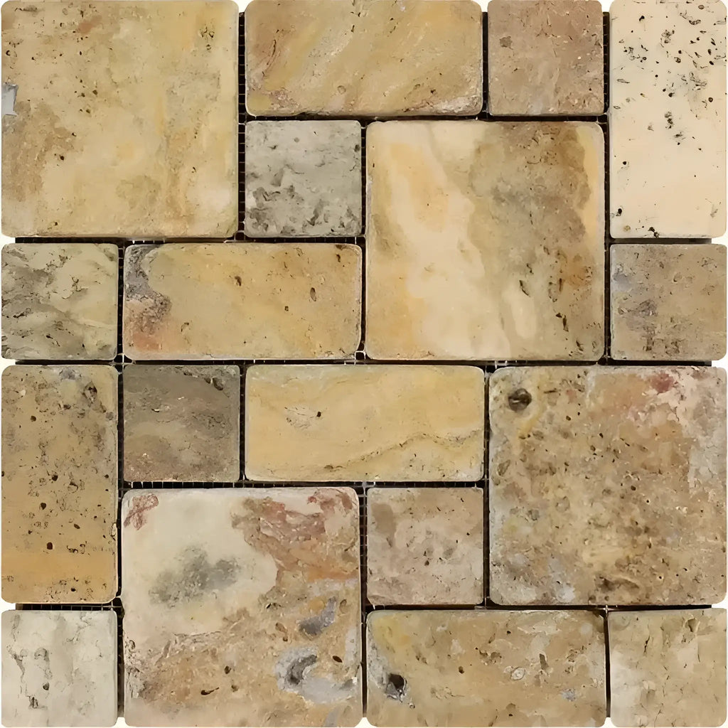 Scabos Travertine 3-pcs Mini-Pattern Non-Interlocking Mosaic Tumbled tile display