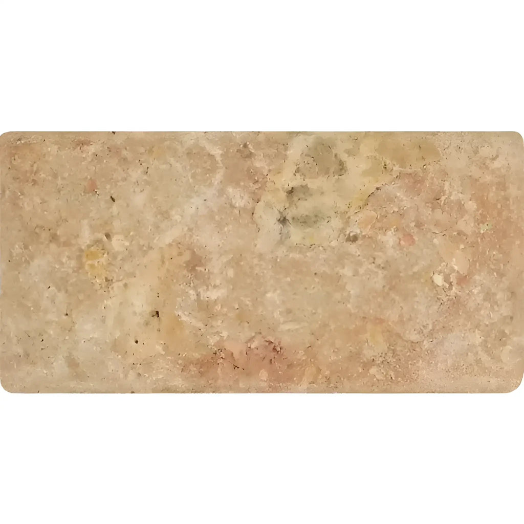 Scabos Travertine 3X6 Tumbled rectangular travertine tile showcased elegantly