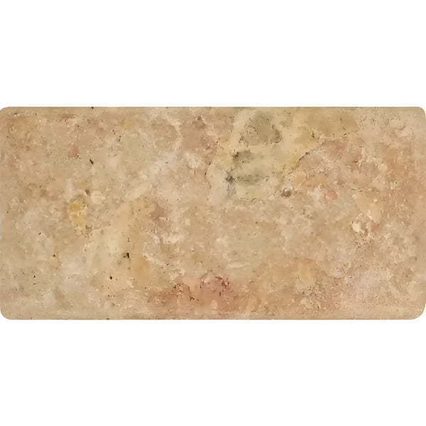 Scabos Travertine 3X6 Tumbled rectangular travertine tile showcased elegantly