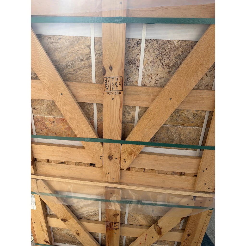 Scabos Autumn Leaves Travertine Versailles pattern light brown wooden beam with V-brace