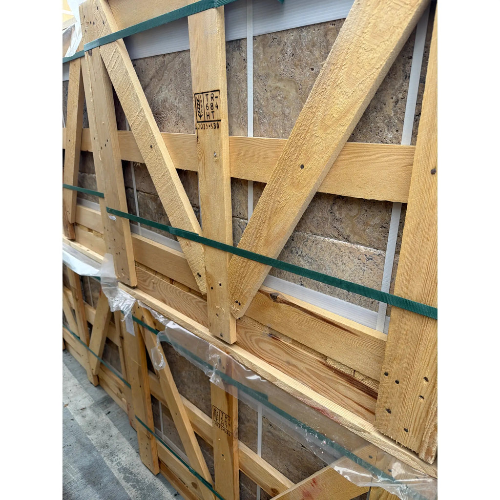 Scabos Autumn Leaves Travertine Versailles interlocking V-beams, brushed chiseled