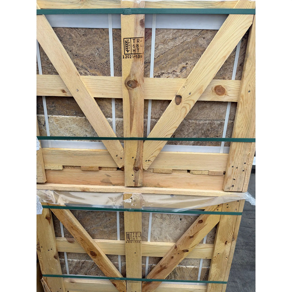 Scabos Autumn Leaves Travertine Versailles pattern crate with stone panels