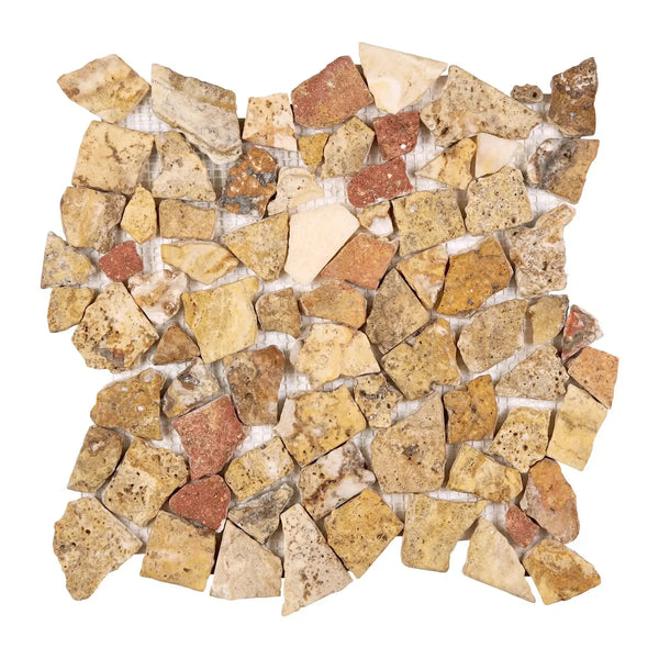 Mosaic tile sheet of Scabos Travertine Flat Pebble Tumbled in random broken design