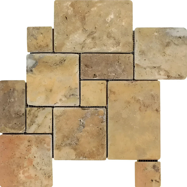 Scabos Travertine OPUS Mini-Pattern interlocking mosaic tumbled tile display