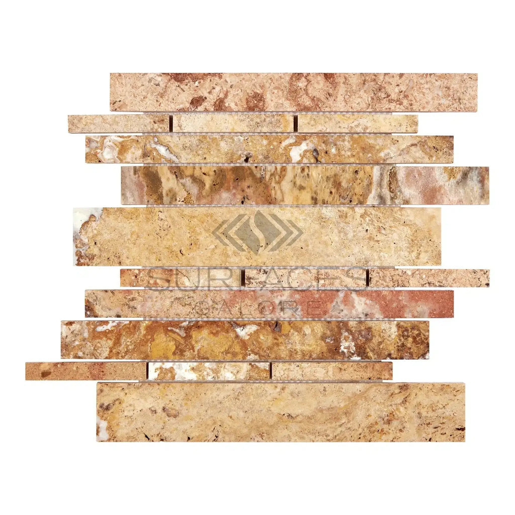 Scabos Travertine Random Strip Mosaic Honed tile showcasing elegant earthy tones