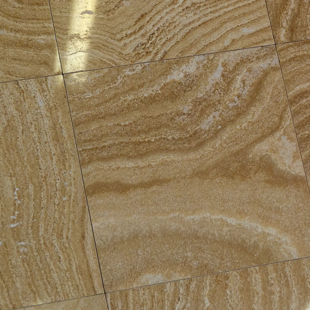 Beige and tan Scala Nova Walnut Wavy travertine 18x18 tile with marble veining