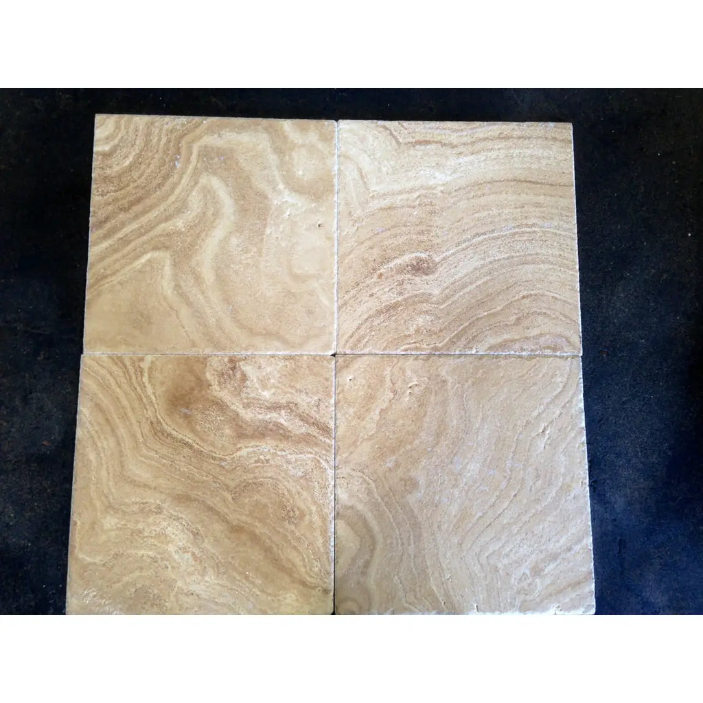 Four Scala Nova Walnut Wavy beige travertine 18x18 tiles with swirls