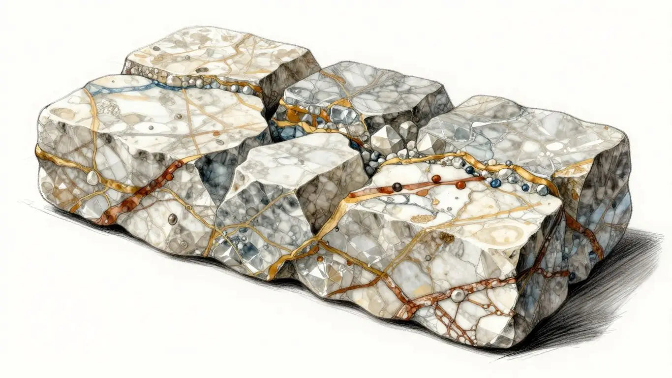 Sketch of marble formation and its veined beauty.