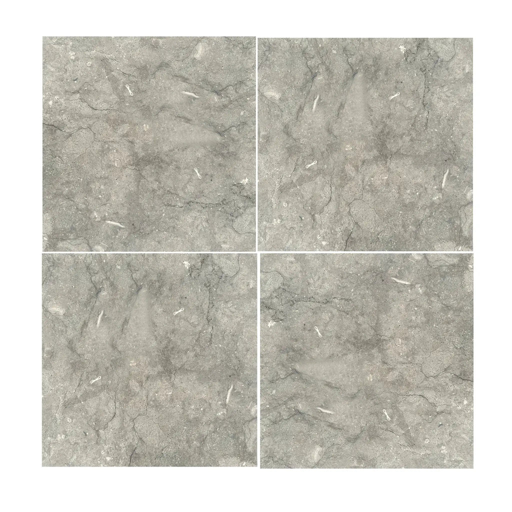Seagrass 18x18 limestone tiles with gray veined texture and white streaks